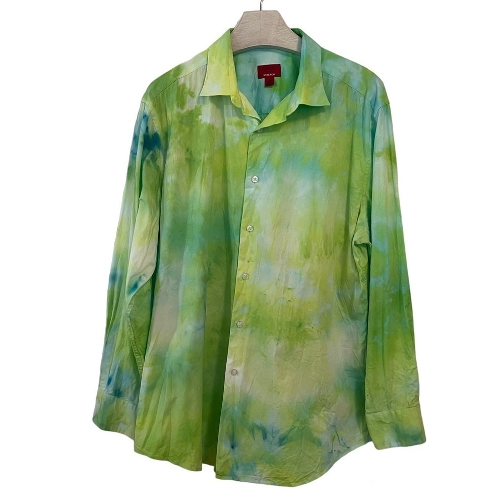 Alfani Dress Shirt Slim Fit Stretch Large 16-16 1/2 Tie Dye Green Unique